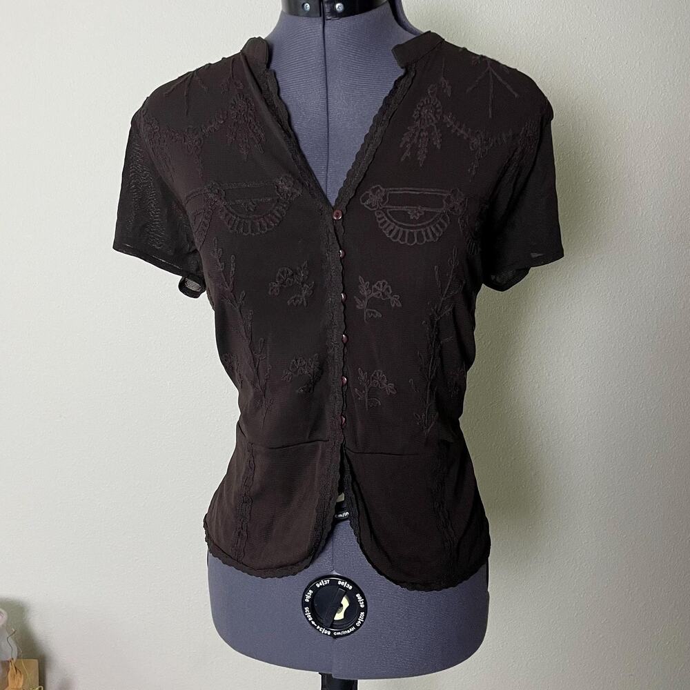 Y2K vintage 2000s dark brown embroidered mesh blouse fairy grunge it girl M/L